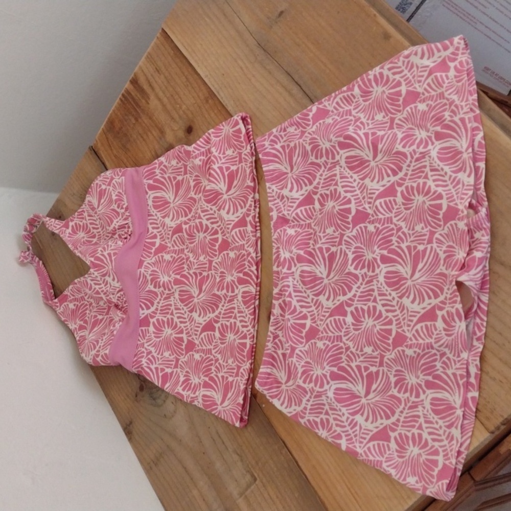 L L Bean Pink Floral 2 Piece Tankini & Swim Skirt Size 4